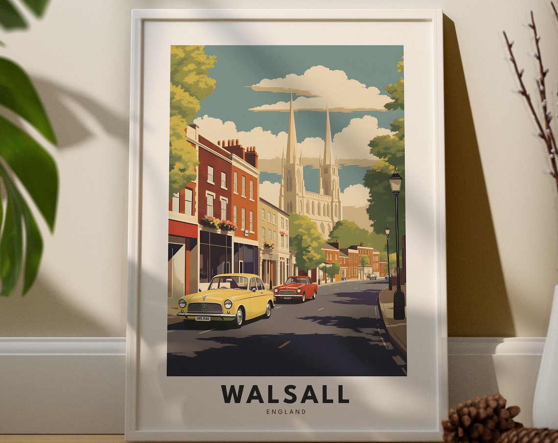 Walsall England Vintage High Street Classic Cars Travel Poster