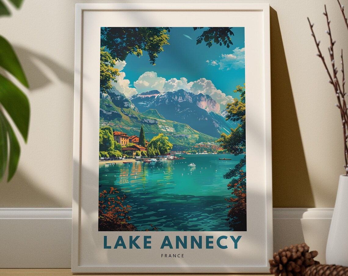 Lake Annecy France Turquoise Alpine Water Vintage Travel Poster Art