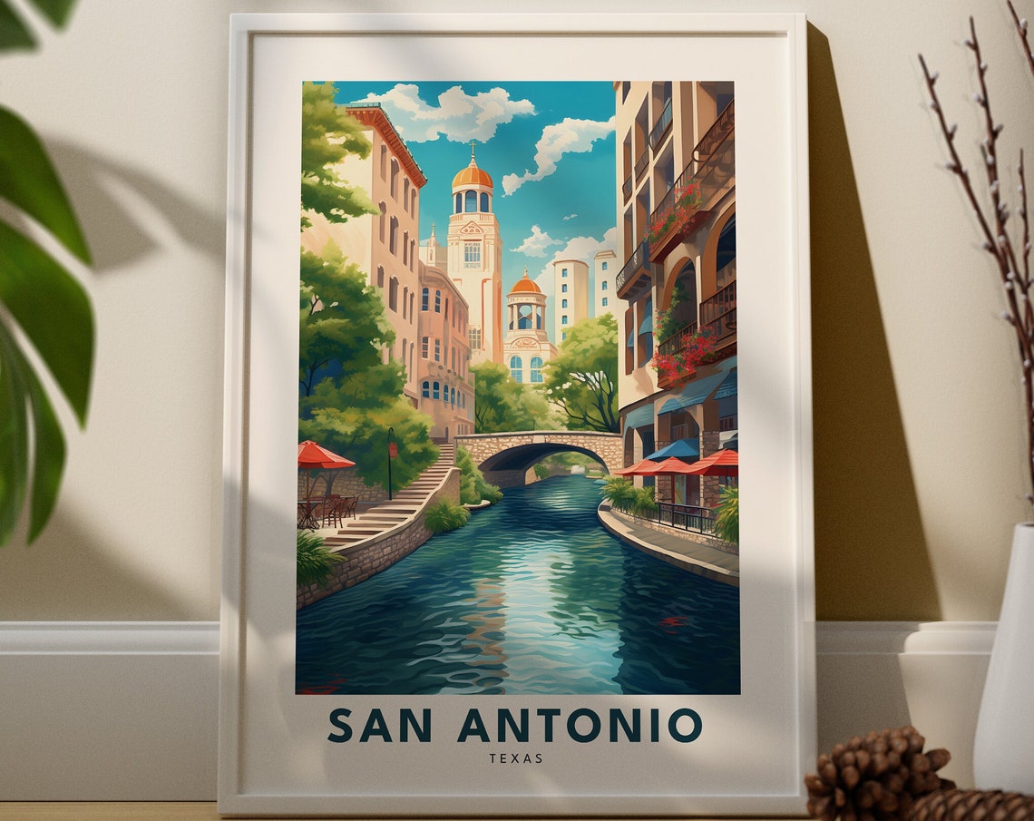 San Antonio Texas River Walk Vintage Cityscape Bridge Travel Poster