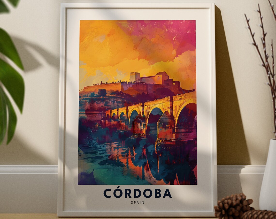 Cordoba Spain Roman Bridge Watercolor Travel Poster Sunset Skyline