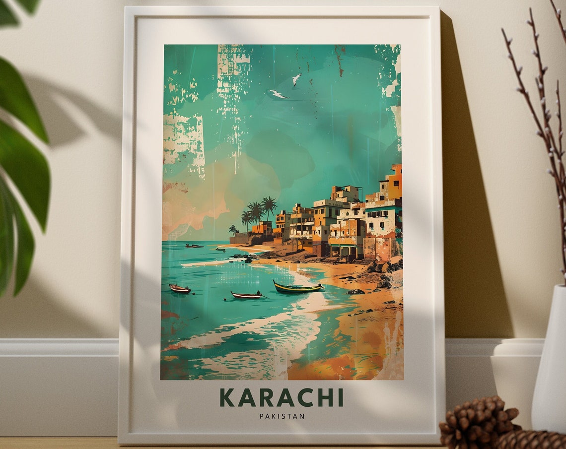 Karachi Pakistan Travel Poster with Sandy Beach and Fishing Boats