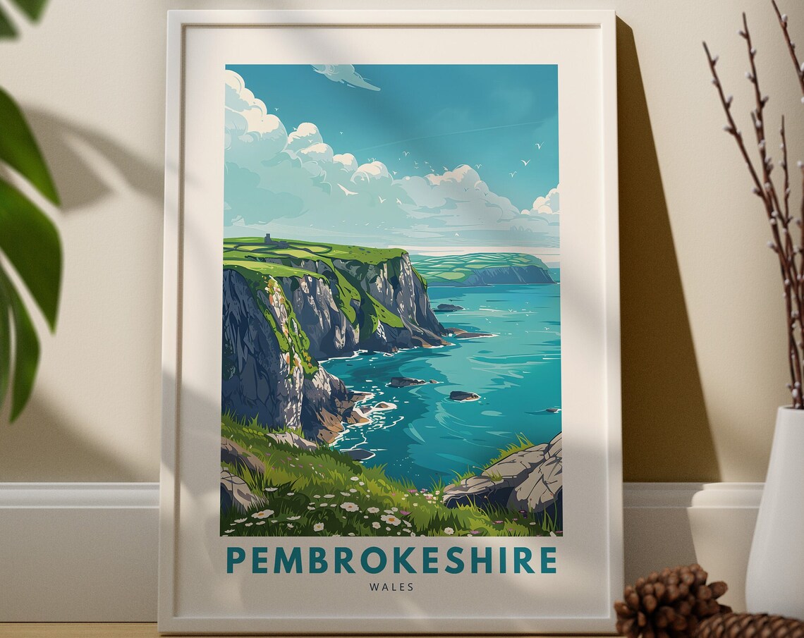 Pembrokeshire Wales Coastal Cliffs Turquoise Sea Travel Poster Art