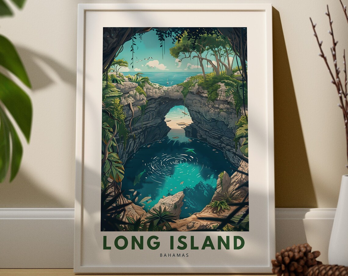 Long Island Bahamas Blue Hole Arch Coastal Retro Travel Poster