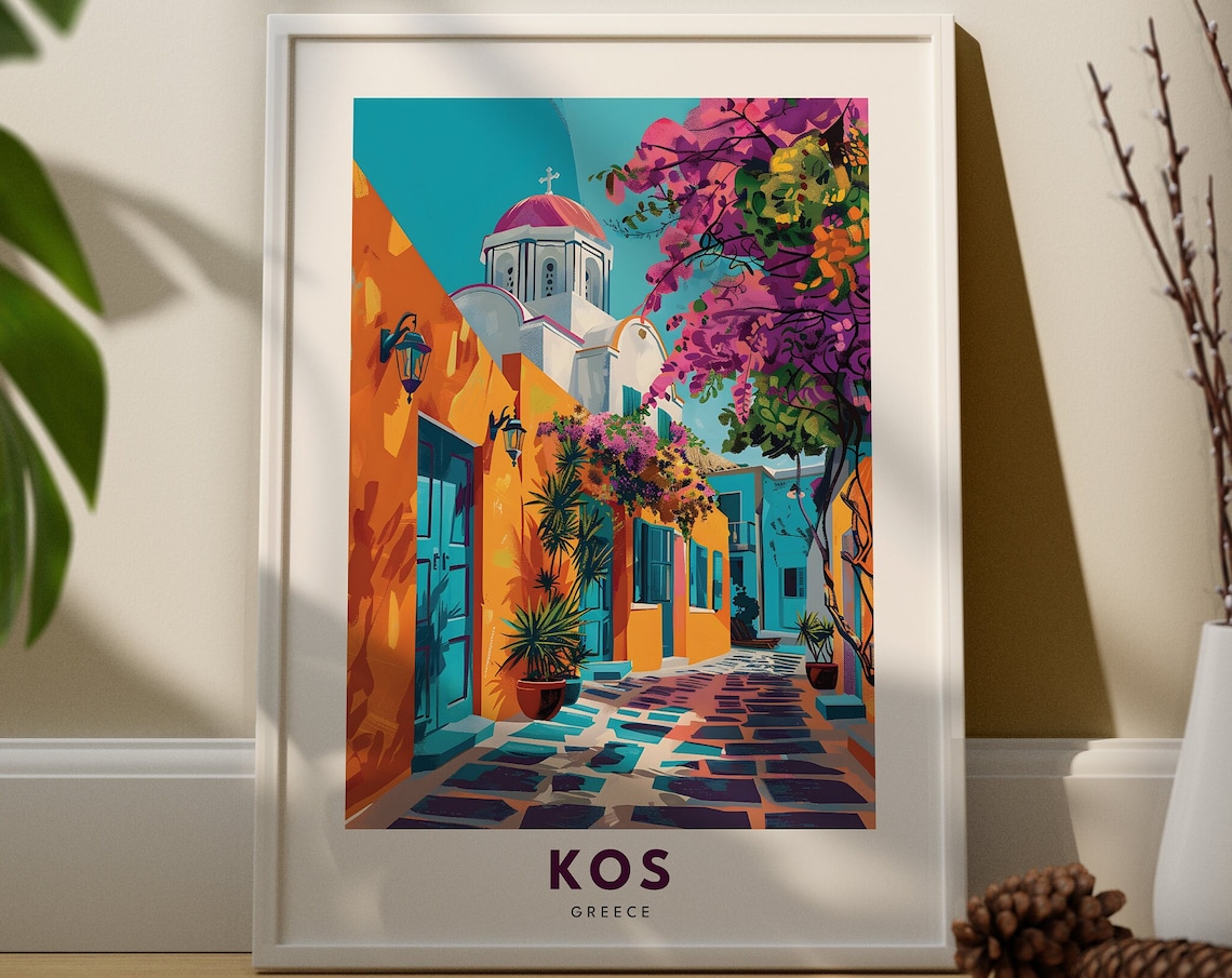 Kos Greece Travel Poster Sunlit Alley Church Bougainvillea Island Art