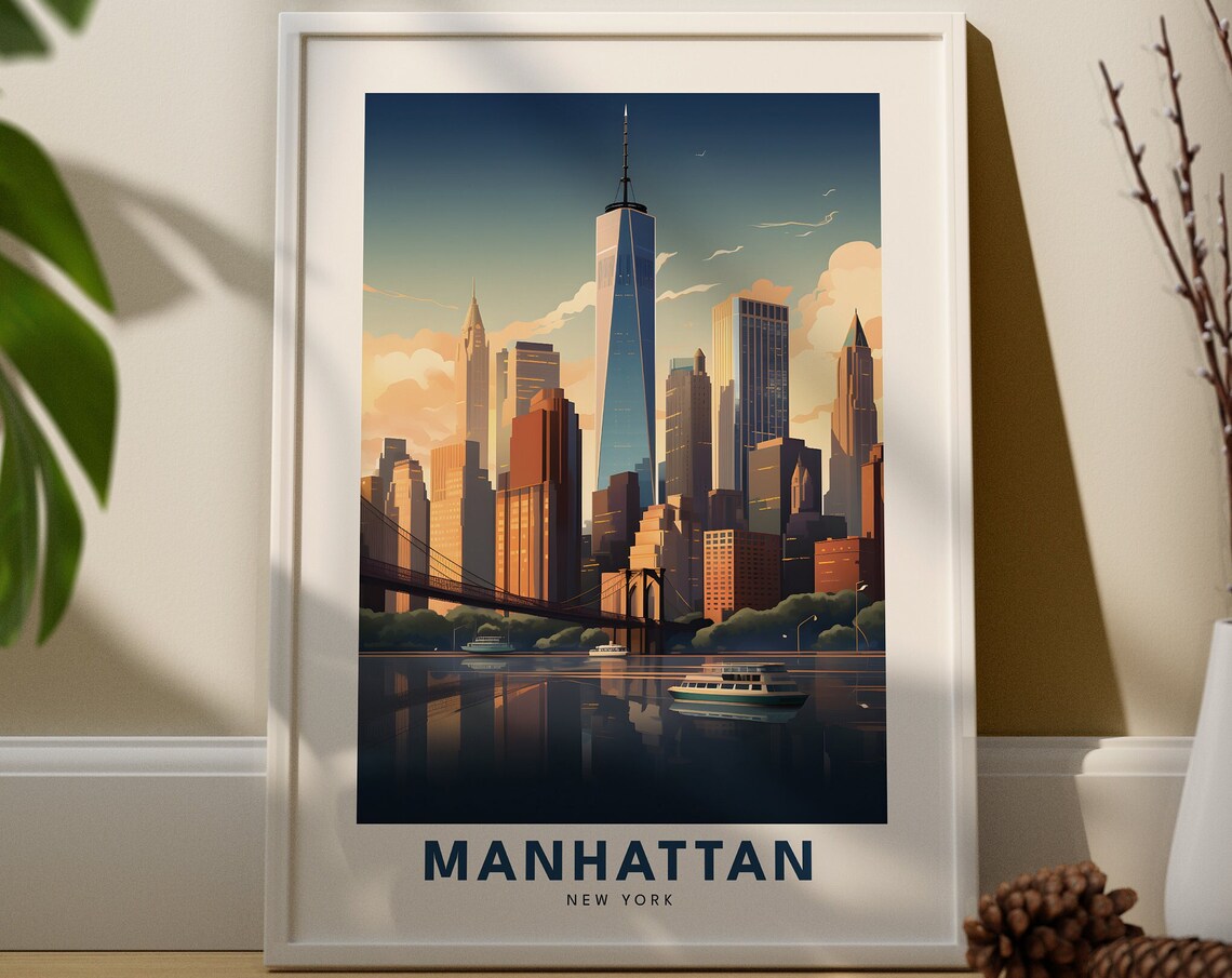 Manhattan New York Skyline One World Trade Center Sunset Poster