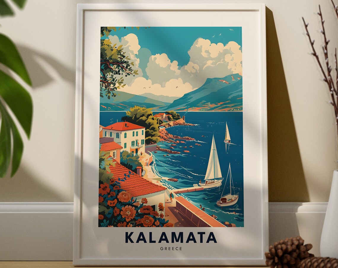 Kalamata Greece Coastal Harbor Sailboats Vintage Travel Poster