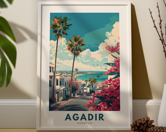 Agadir Morocco Beach Street Travel Poster with Palm Trees and Ocean
