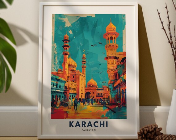 Karachi Pakistan Mosque Minarets Colorful City Travel Poster