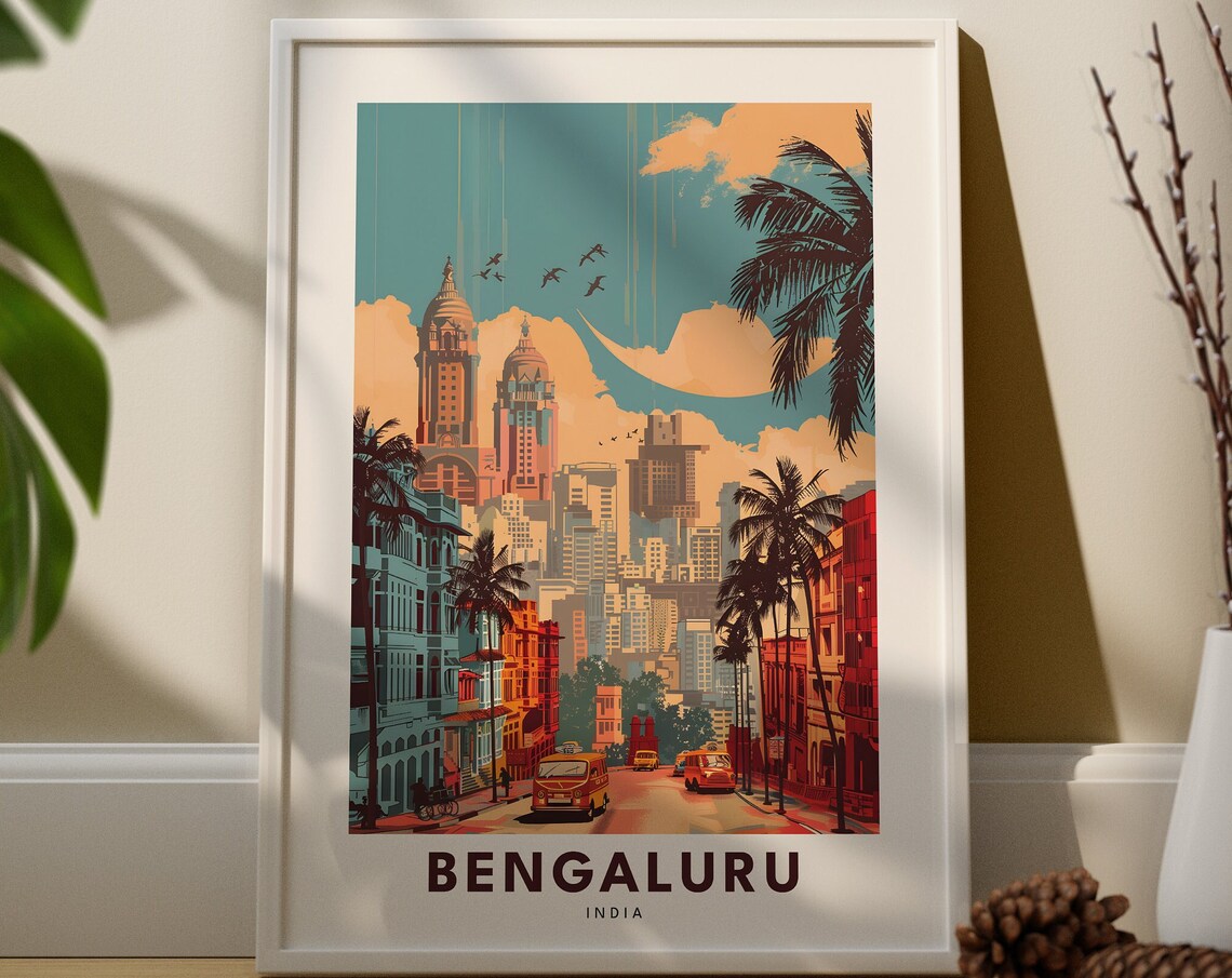 Bengaluru India Vintage Travel Poster with City Skyline and Palms