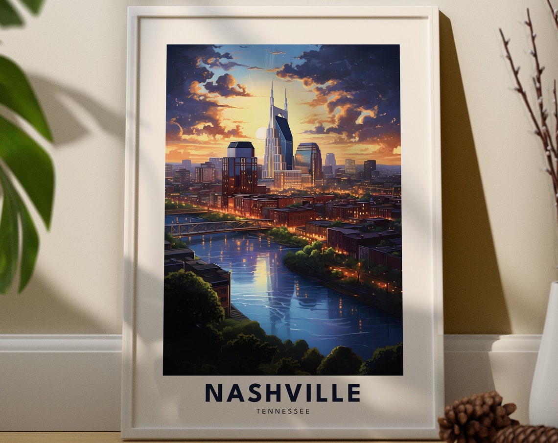 Nashville Tennessee Skyline Sunset River Modern Travel Poster