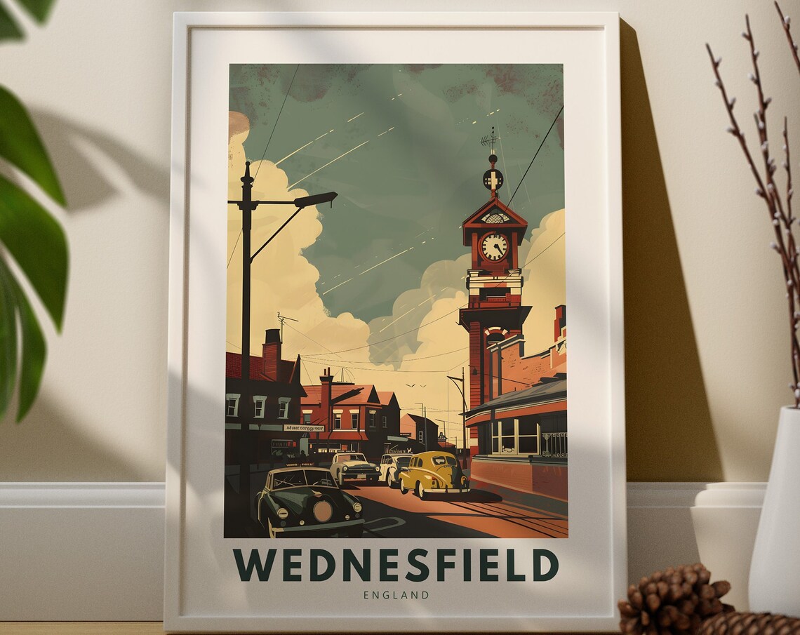 Wednesfield England Retro Clock Tower Travel Poster Vintage Cars