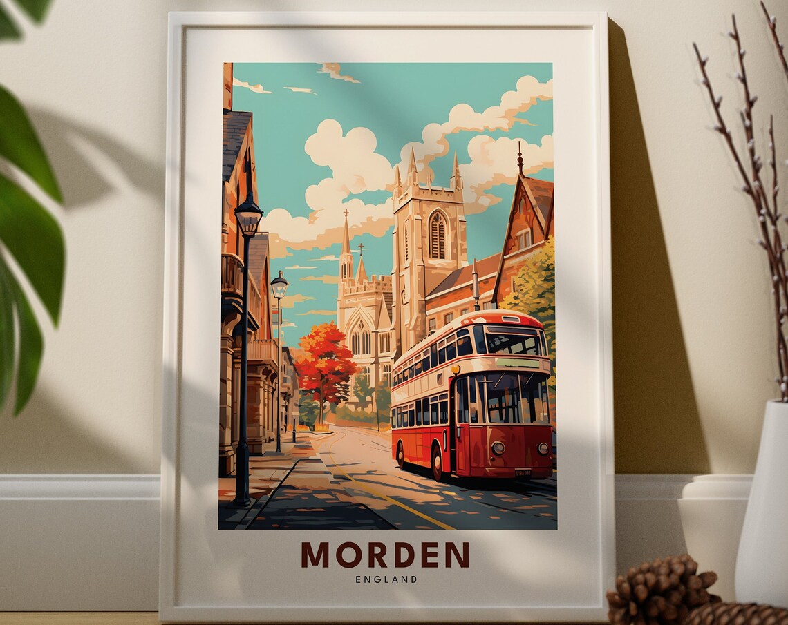 Morden England City Red Double Decker Bus Vintage Travel Poster