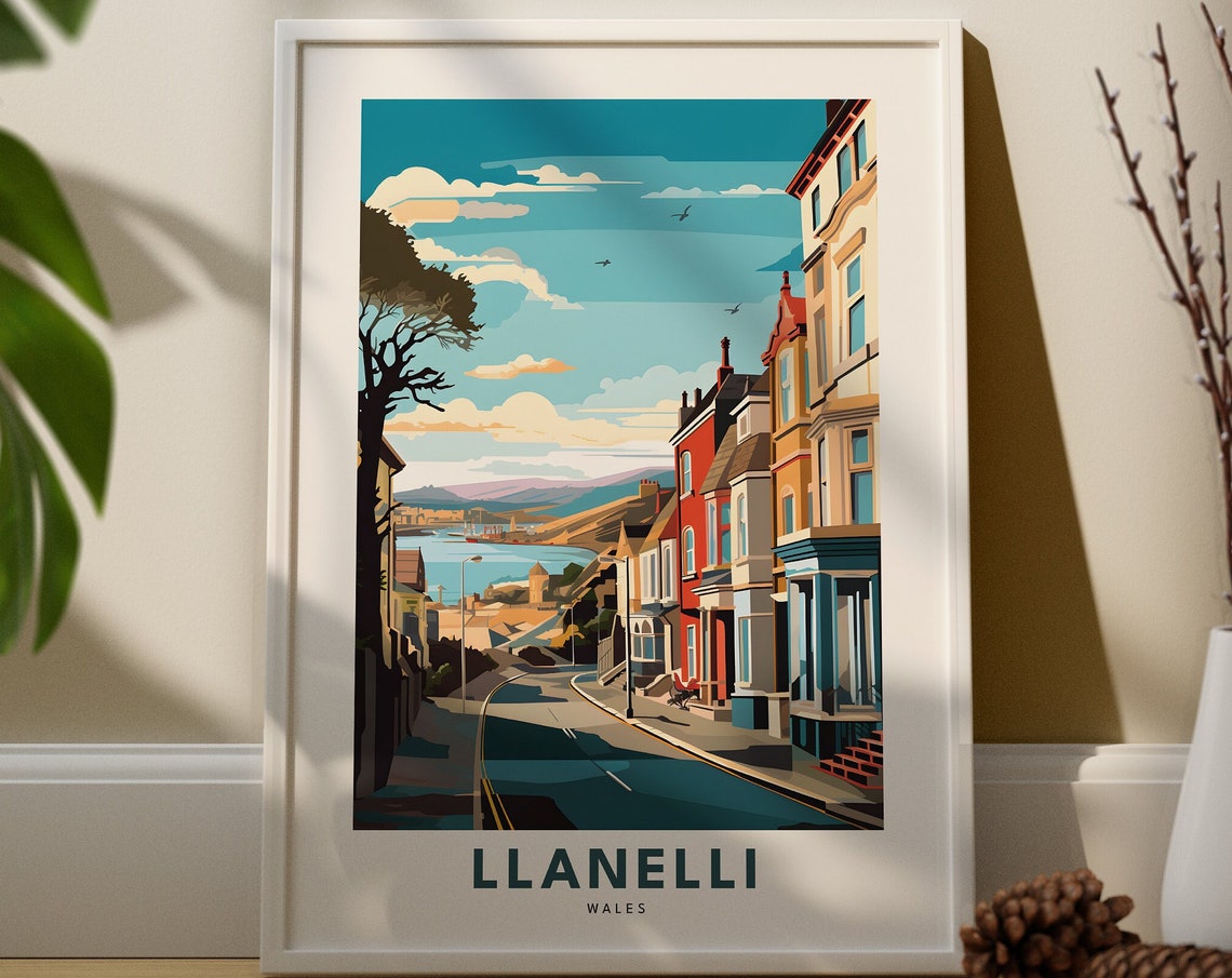 Llanelli Wales Travel Poster Retro Seaside Town Street Scene