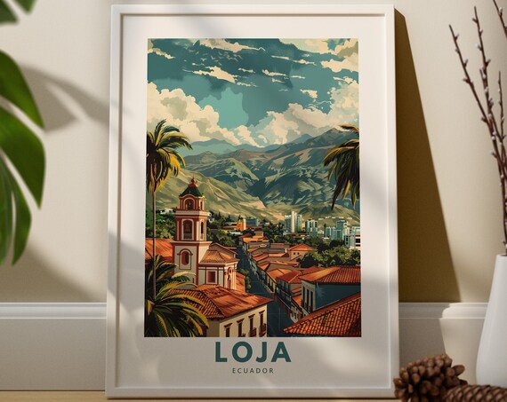Loja Ecuador Travel Poster with Colonial Church and Andes Mountains