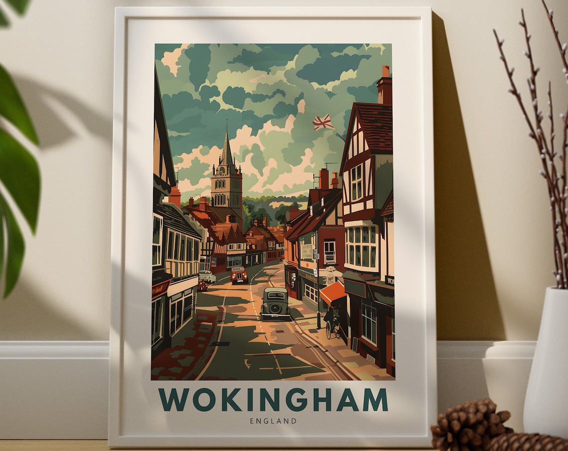 Wokingham England Travel Poster Charming Old Town Street Scene