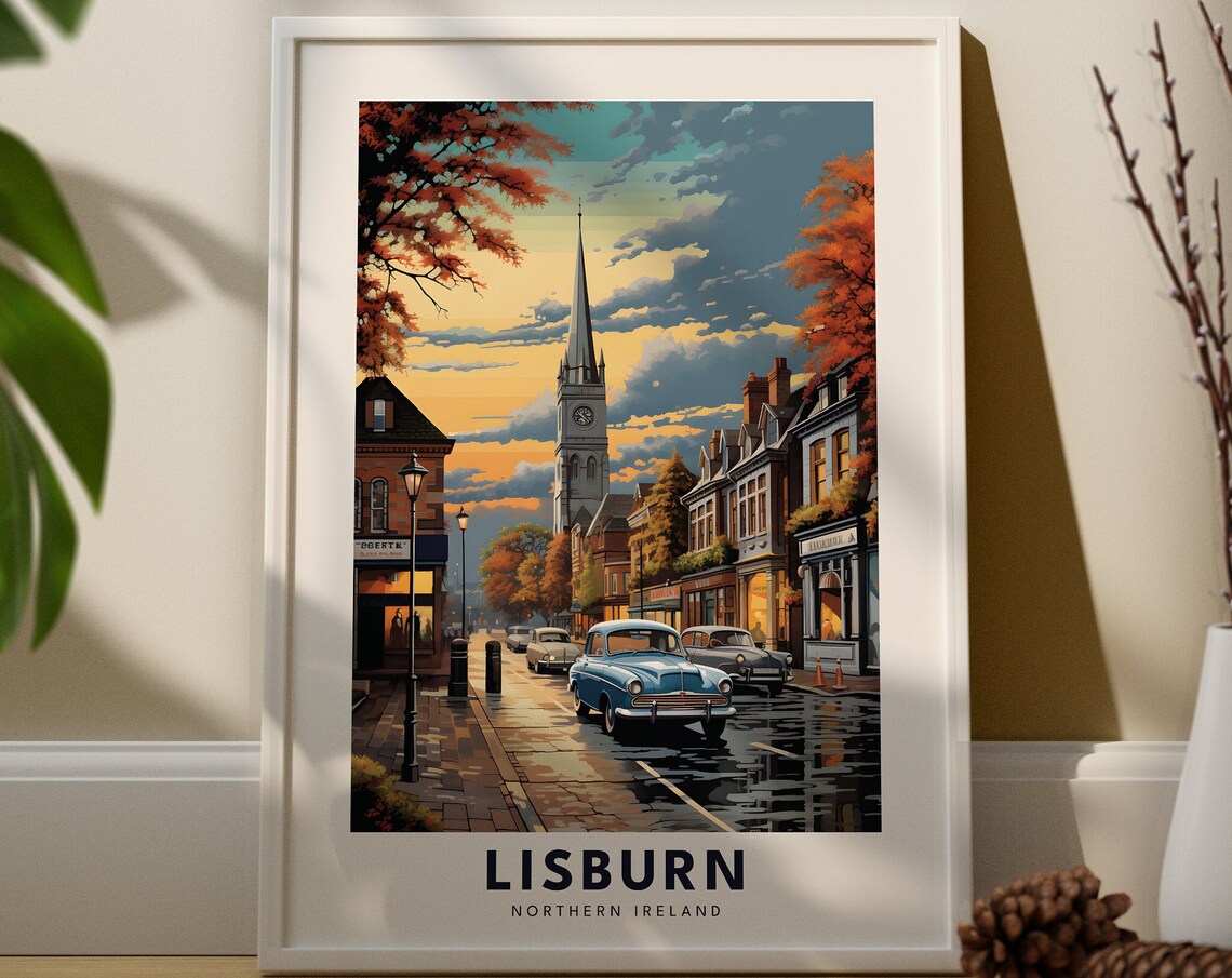 Lisburn Northern Ireland Church Spire Wet Street Retro Travel Poster