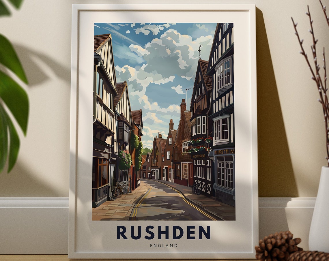 Rushden England Historic Tudor High Street Vintage Travel Poster