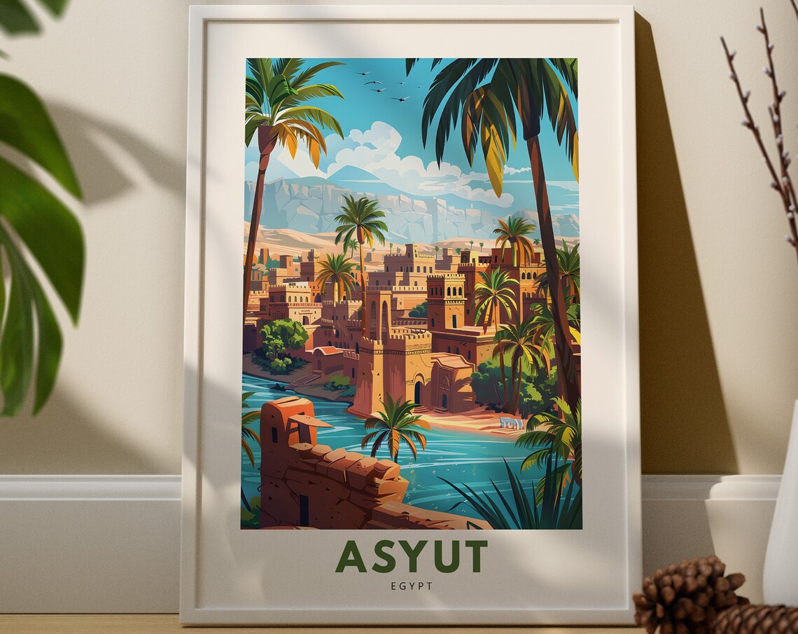 Asyut Egypt Nile River Vintage Travel Poster Mud Brick City Art
