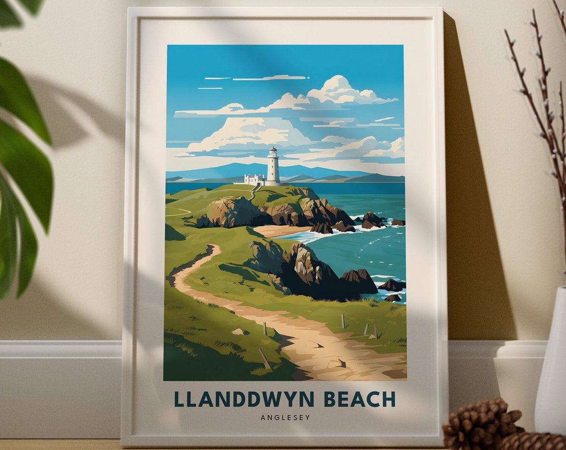 Llanddwyn Beach Anglesey Retro Coastal Lighthouse Travel Art Poster