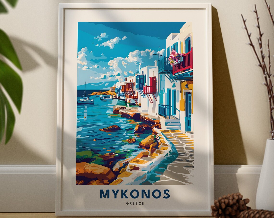 Mykonos Greece Travel Poster Blue Waterfront White Buildings View