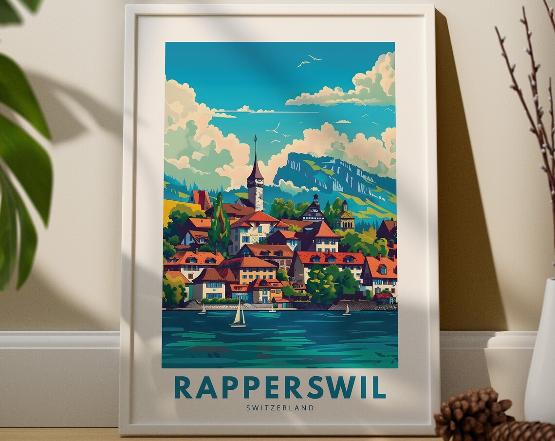 Rapperswil Switzerland Lakeside Town Vintage Travel Poster Alpine View