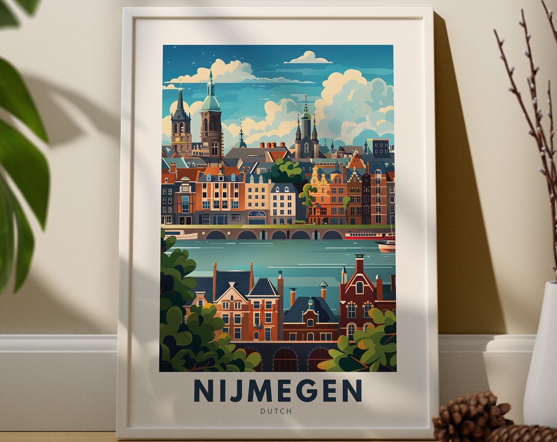 Nijmegen Netherlands Travel Poster Riverfront Old Town Skyline Vintage Art