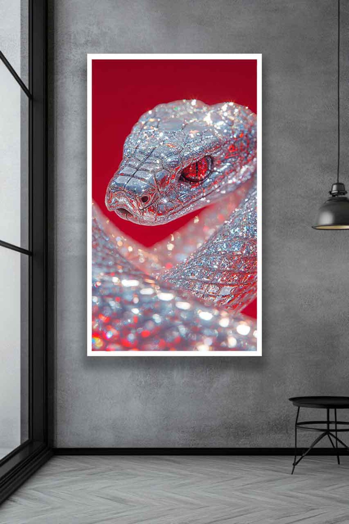 Diamond Crystal Snake With Glowing Red Eyes on a Red Background Poster - Image 3