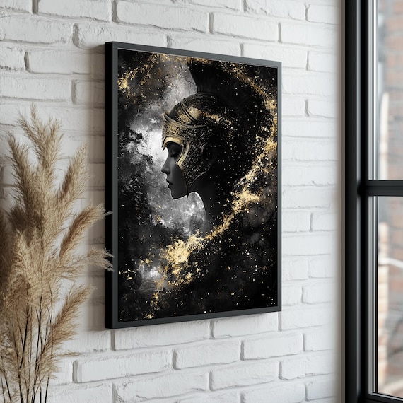 Female Spartan Warrior Helmet Gold Black Profile Art Wall Poster