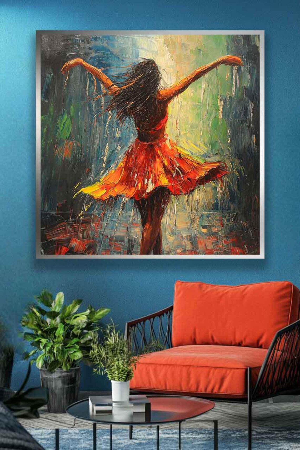 Woman Dancing In Rain Joyful Orange Dress Freedom Wall Poster - Image 4
