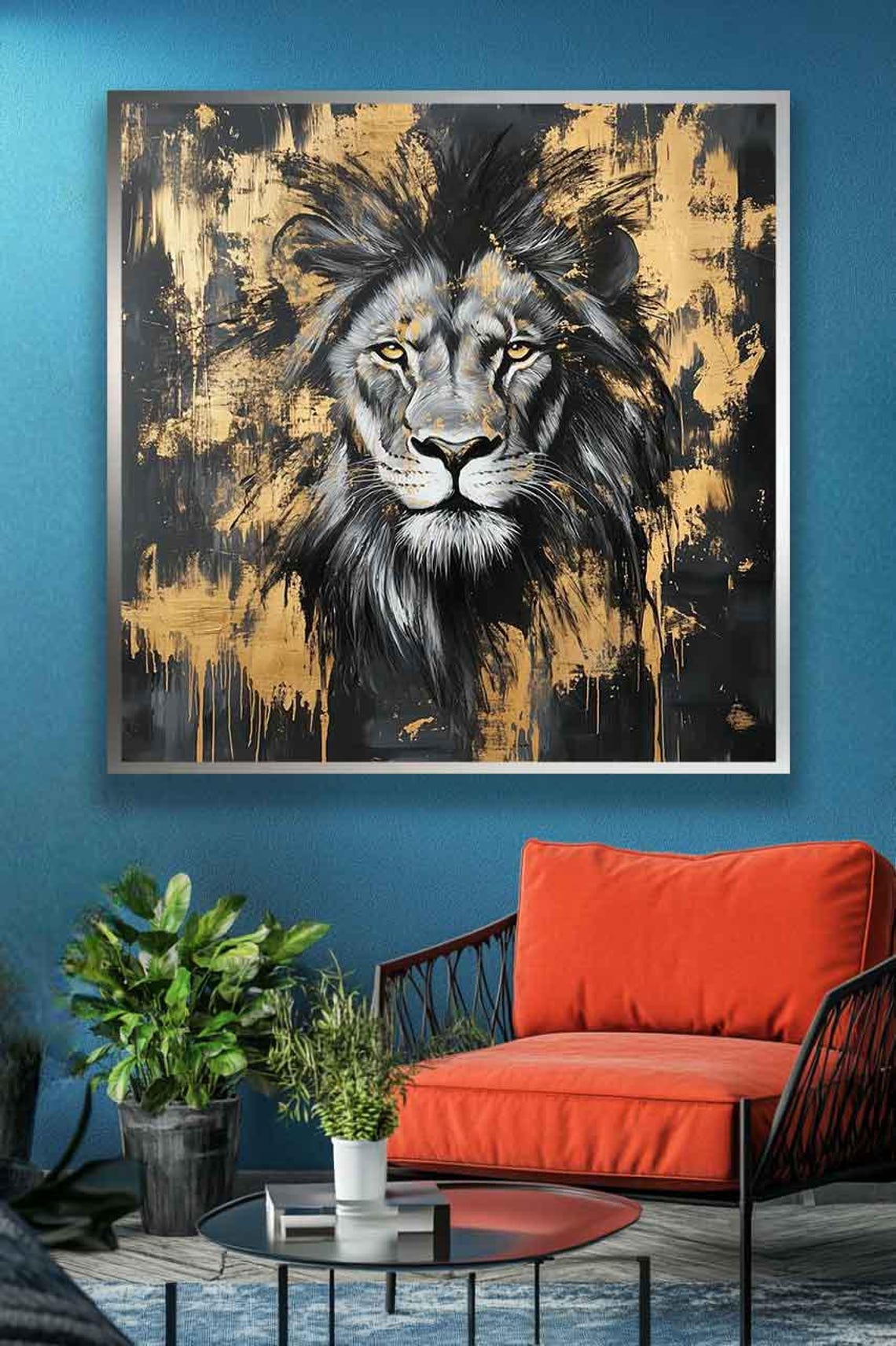Lion Painting Gold And Black Lion Portrait Modern Lion Painting Wildlife Art King Lion Print Minimalist Safari Wall Art - Image 5