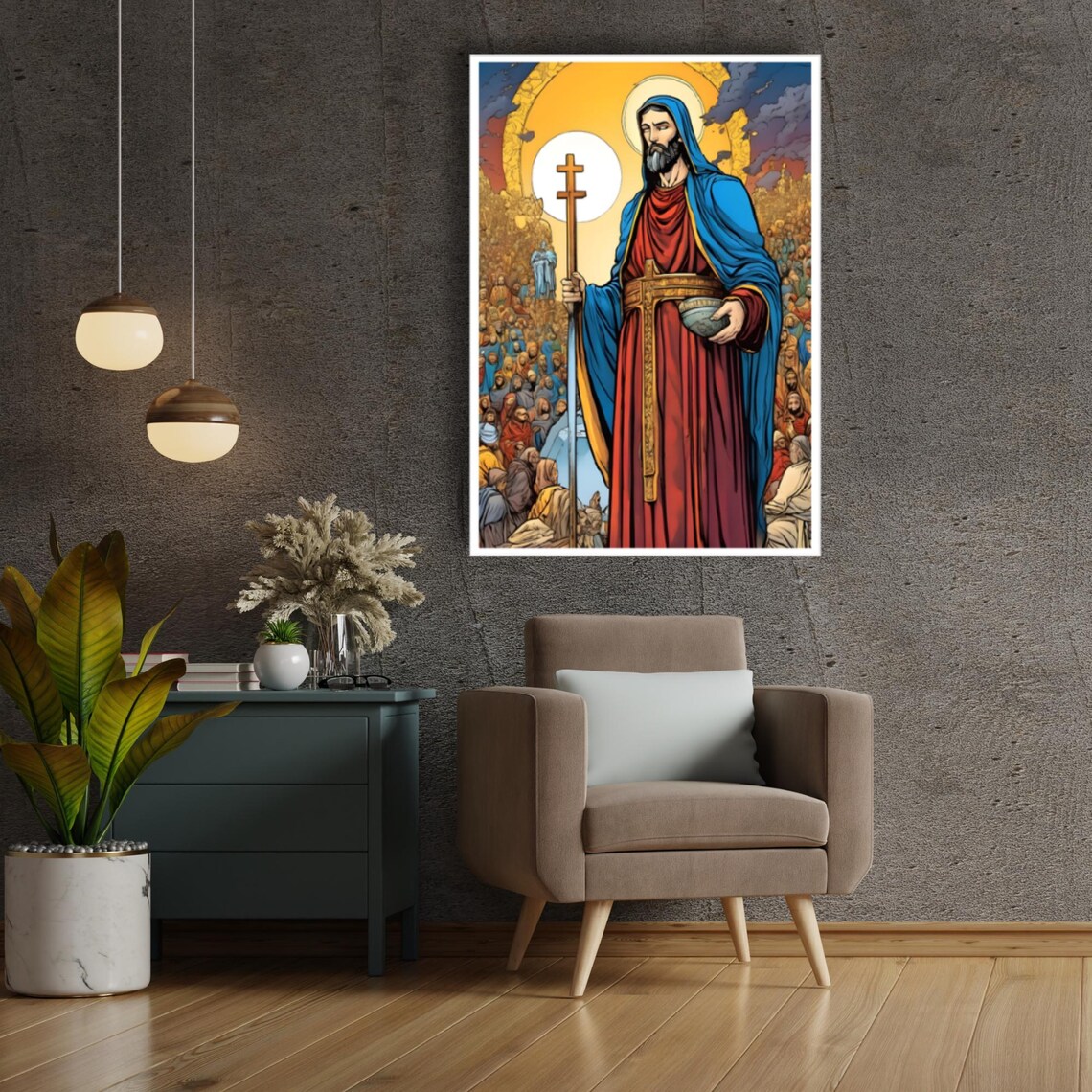 Saint Figure With Cross Staff Moonlit Crowd Religious Poster - Image 2