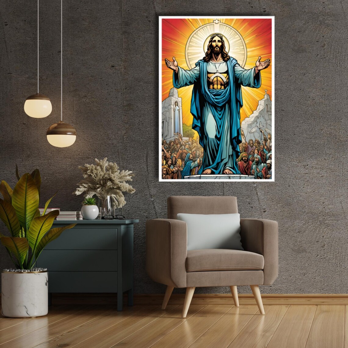 Jesus Christ Arms Outstretched Sunrise Crowd Religious Poster - Image 3