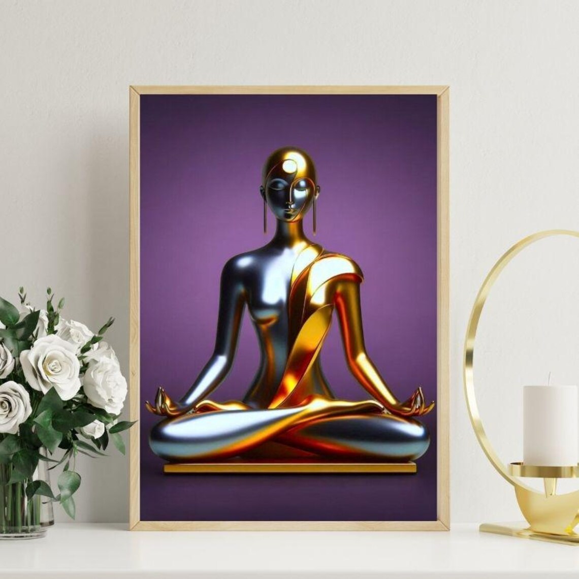 Chrome and Gold Meditating Figure on Deep Purple Zen Art Poster - Image 2