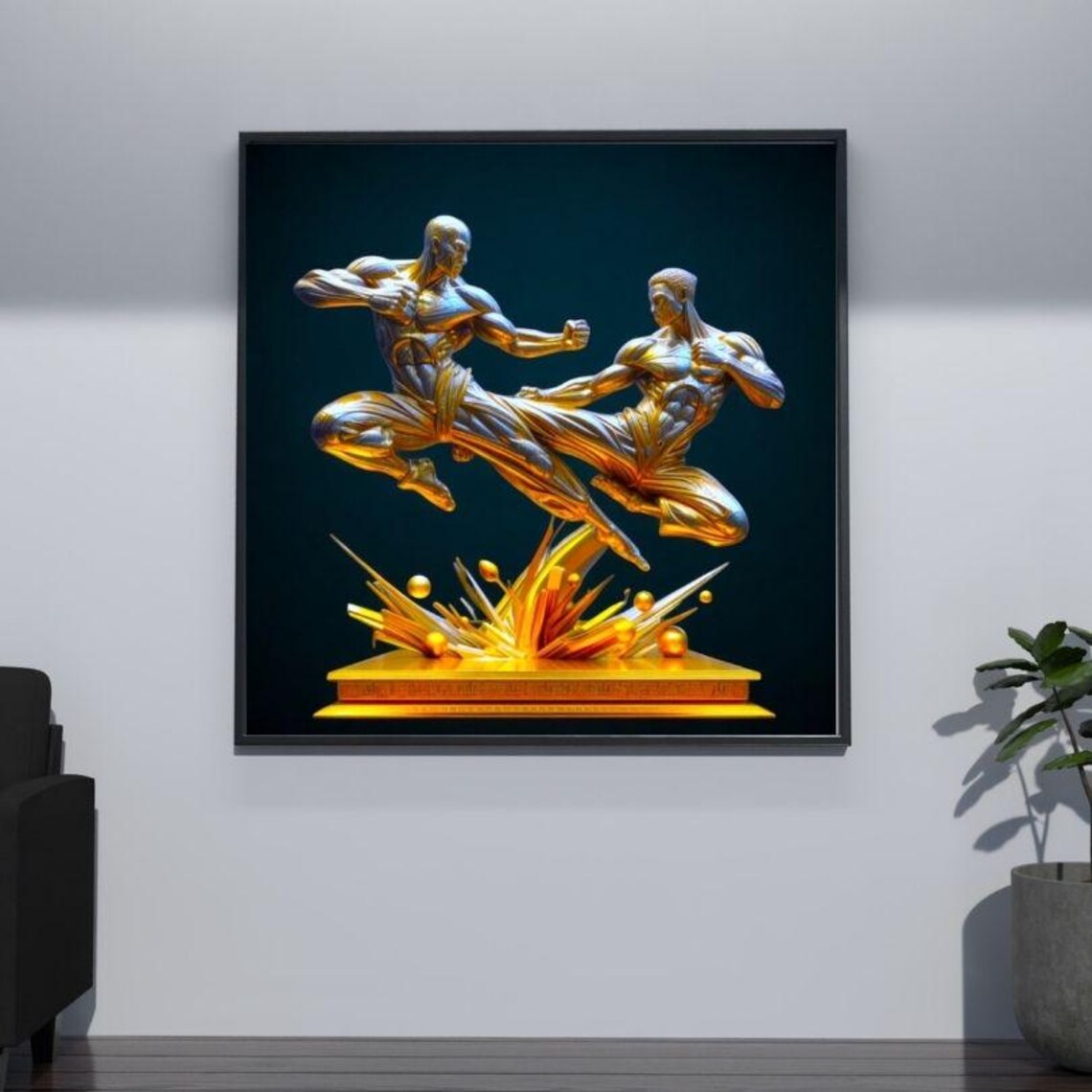 Golden Metallic Karate Fighters Sparring Sculpture Sports Poster - Image 3