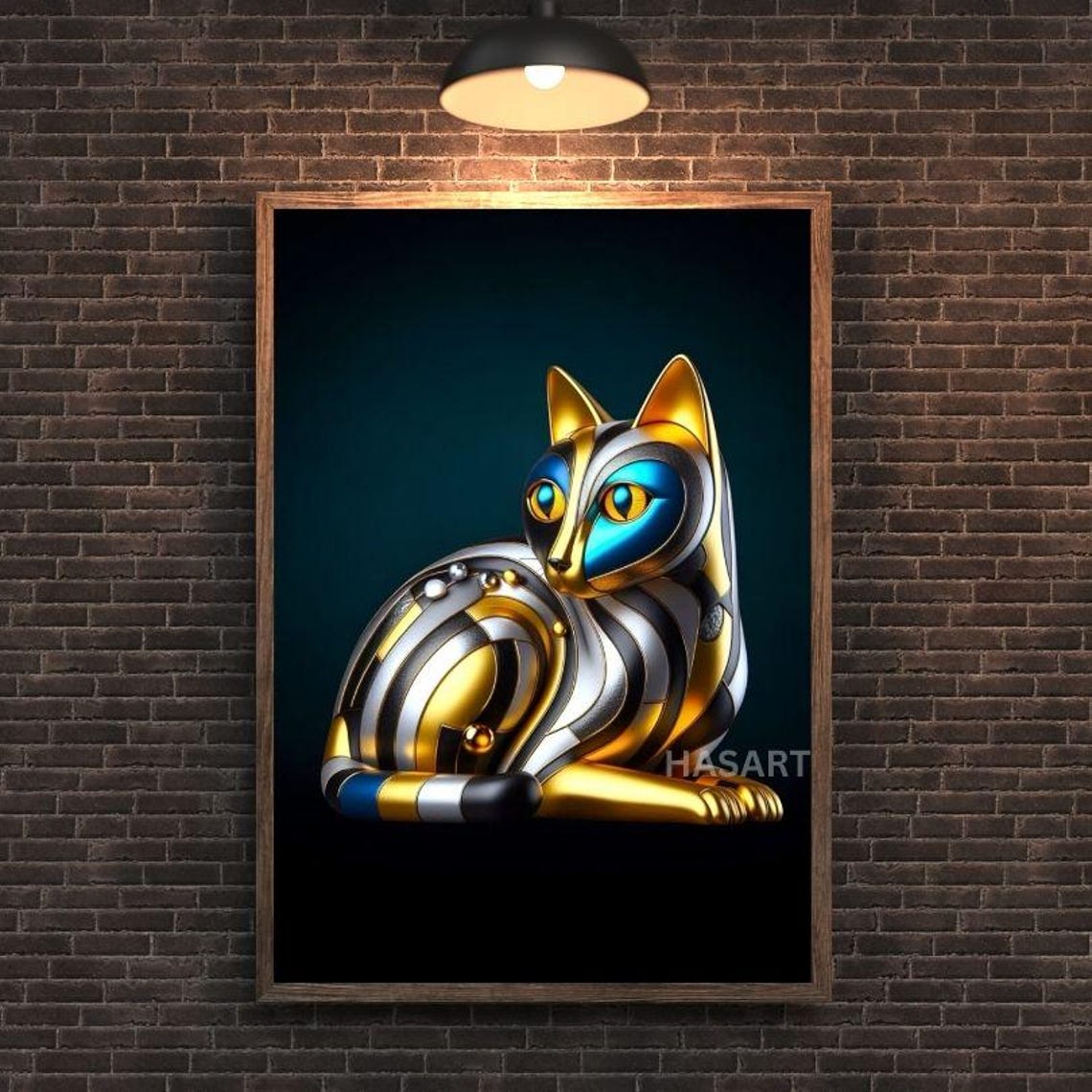 Gold Blue Metallic Striped Curled Cat Modern Decorative Art Poster