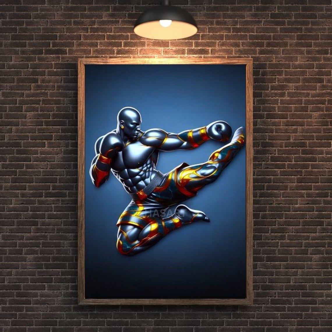 Muay Thai Fighter Landing a High Kick in Metallic Action Poster