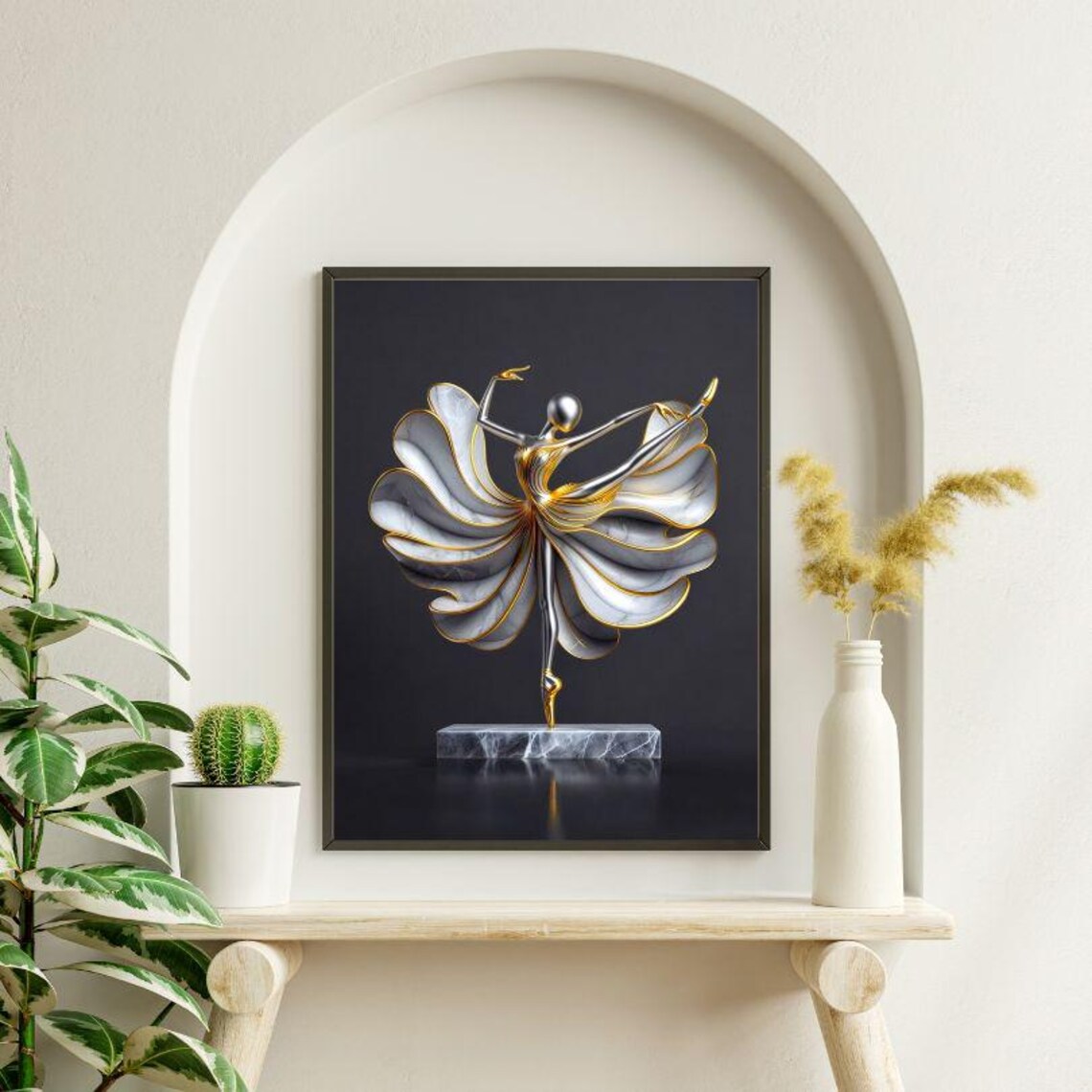 Silver Ballerina with Marble Petal Skirt on Black Art Poster - Image 2