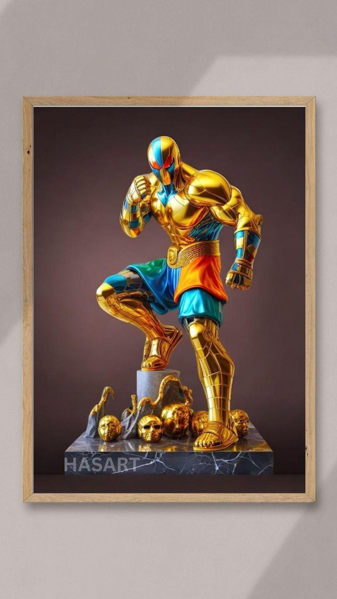 Golden Warrior Kickboxer Statue on Marble with Skull Base Poster - Image 3