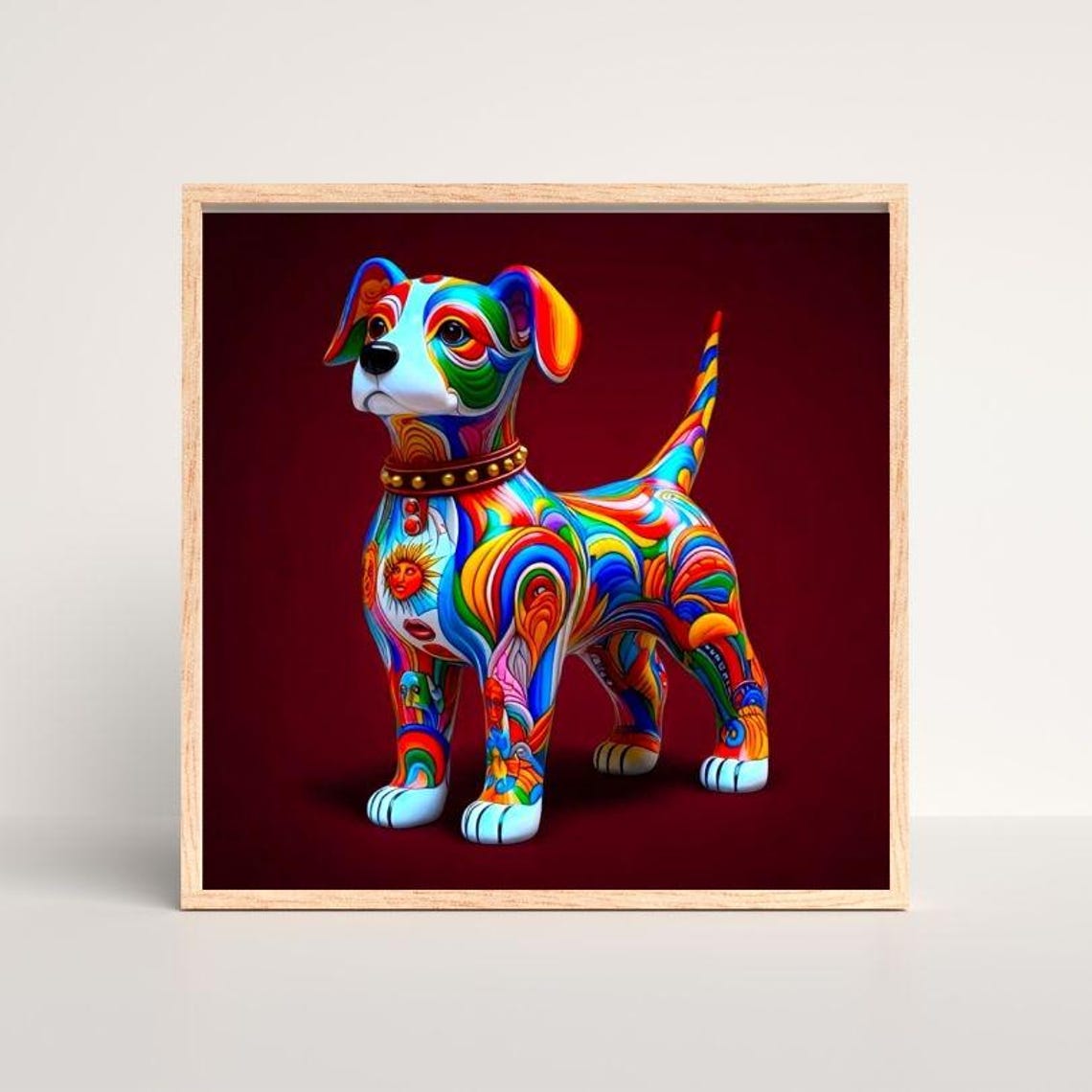 Rainbow Swirl Puppy Standing Proud on Deep Maroon Art Poster - Image 3