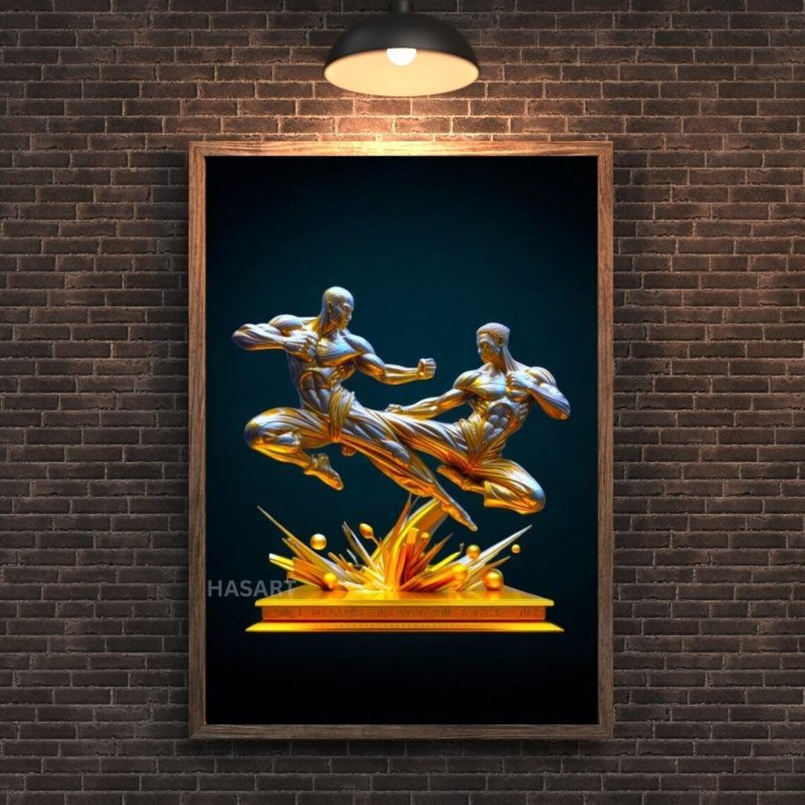 Golden Metallic Karate Fighters Sparring Sculpture Sports Poster