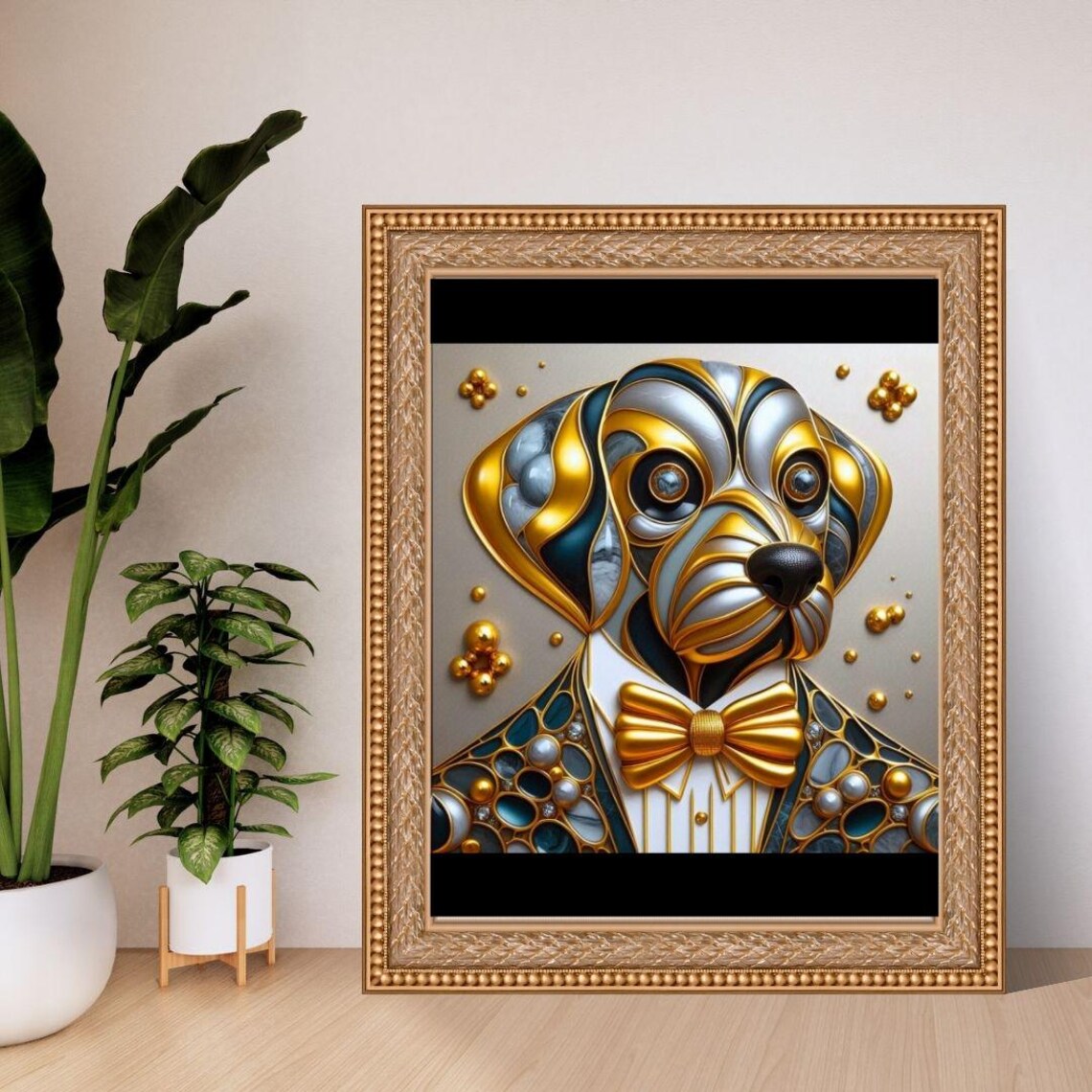 Gold Bow Tie Dapper Metallic Dog Portrait Mosaic Elegant Art Poster - Image 2