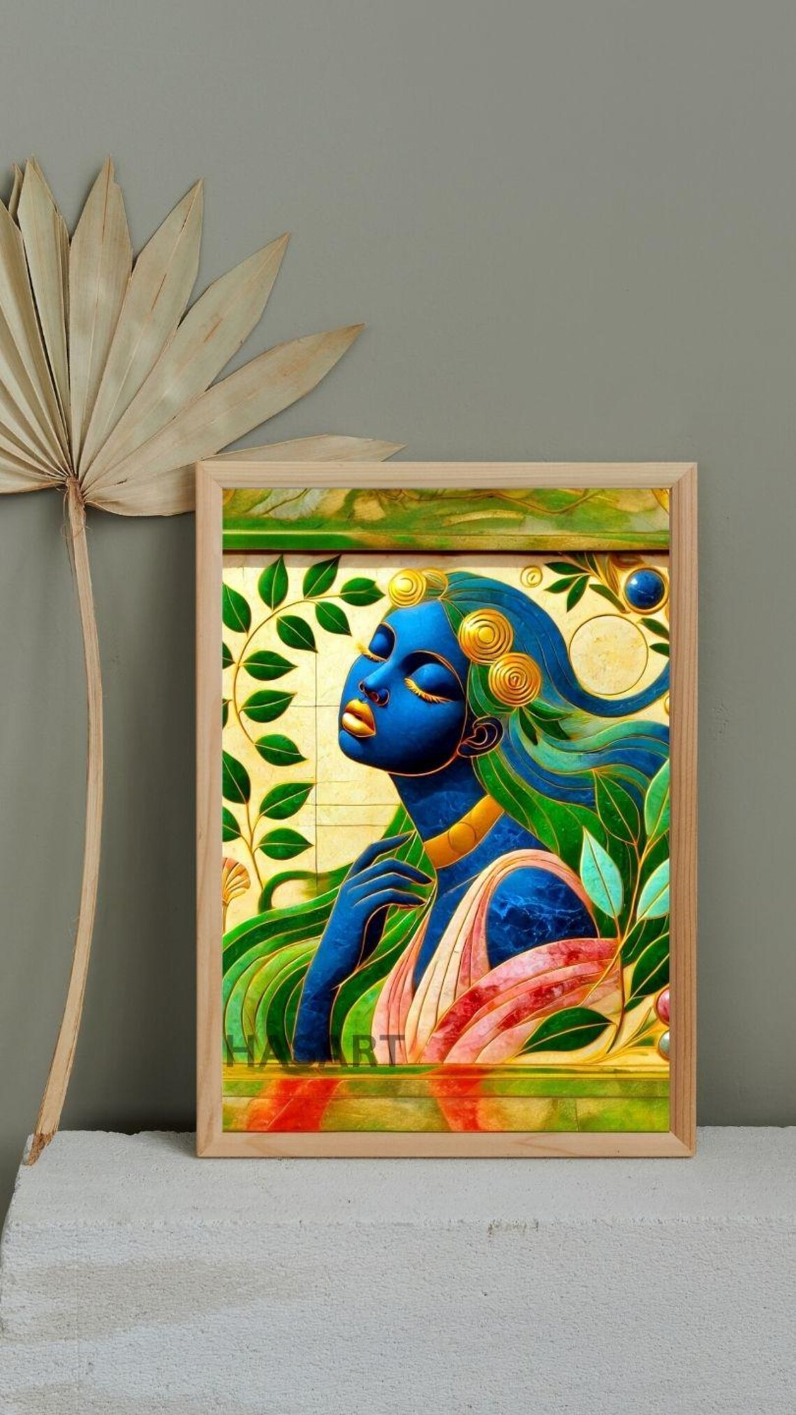 Blue Goddess with Green Leaves Stained Glass Style Portrait Poster - Image 3