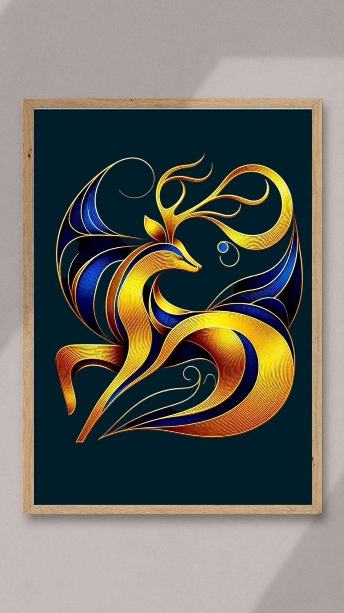 Golden Blue Flowing Line Art Stag Modern Minimalist Art Poster - Image 2