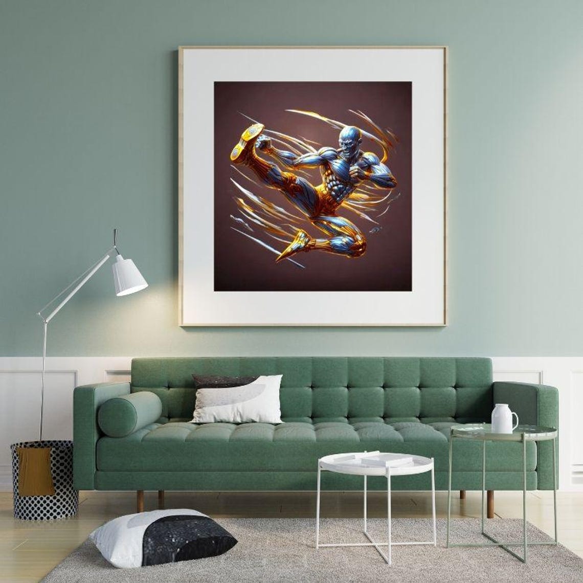 Golden Kickboxer Mid-Kick with Motion Trails Combat Art Poster - Image 2