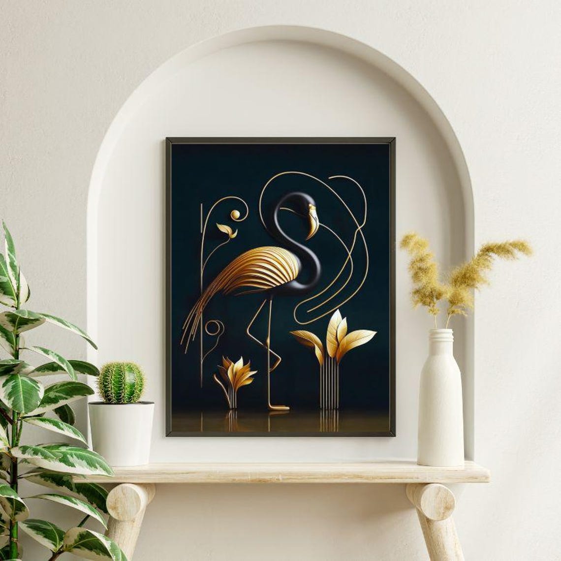 Black And Gold Line Art Flamingo Elegant Botanical Art Poster - Image 2