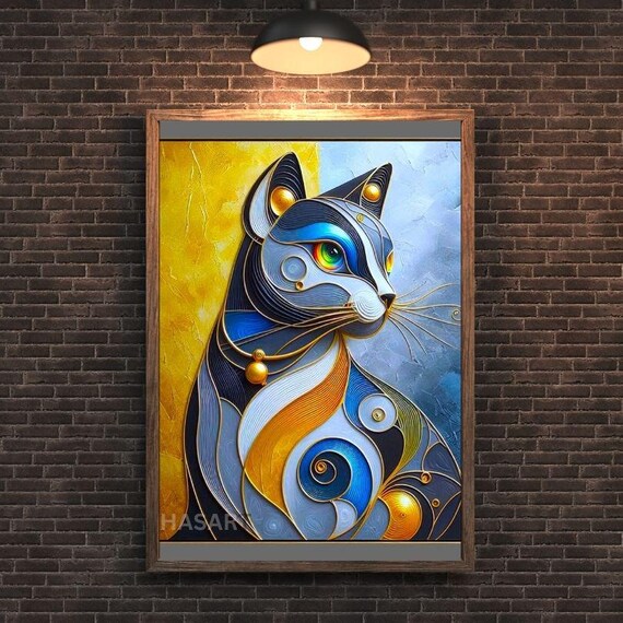 Blue Gold Silver Swirling Cat Face Modern Abstract Art Poster
