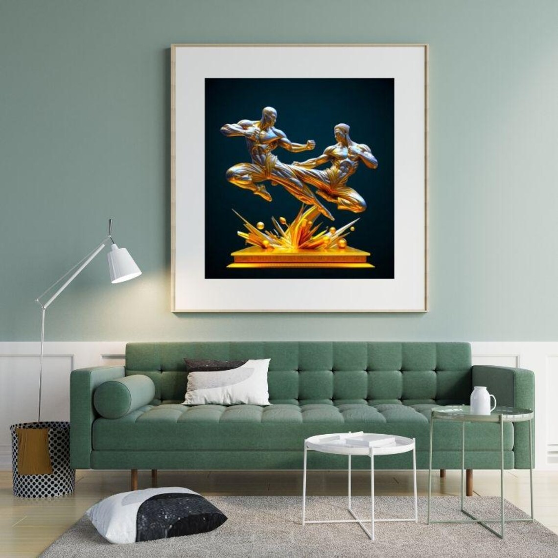 Golden Metallic Karate Fighters Sparring Sculpture Sports Poster - Image 2