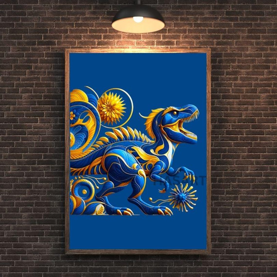 Blue And Gold Ornate T-Rex Dinosaur Modern Decorative Art Poster