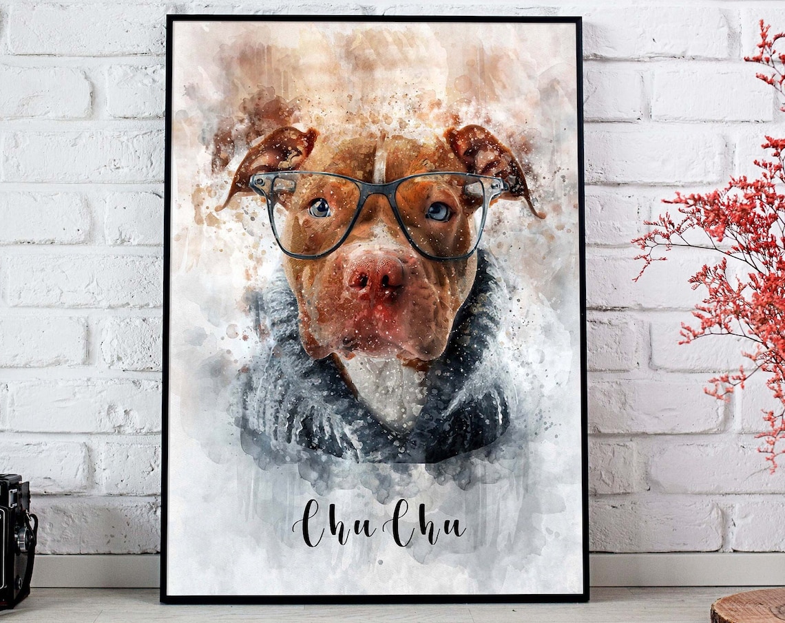 Pit Bull Wearing Glasses Watercolor Pet Portrait Illustration Poster