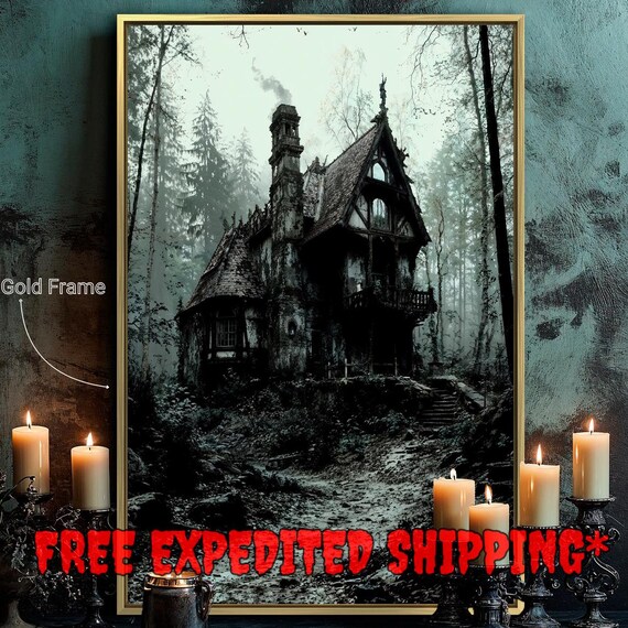 Haunted House Spooky Forest Cottage Eerie Gothic Halloween Dark Wall Poster